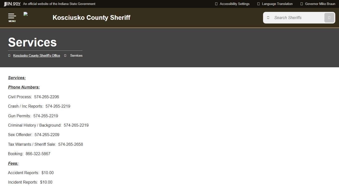 Kosciusko County Sheriff's Office: Services